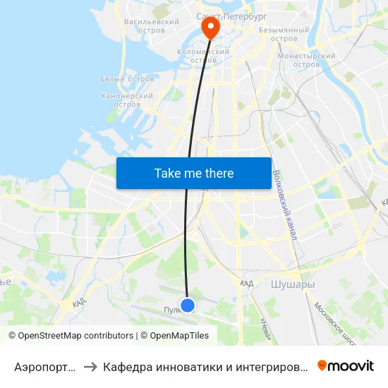Аэропорт Пулково 1 to Кафедра инноватики и интегрированных систем качества (ГУАП) map