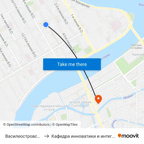 Василеостровская (Vasileostrovskaya) to Кафедра инноватики и интегрированных систем качества (ГУАП) map