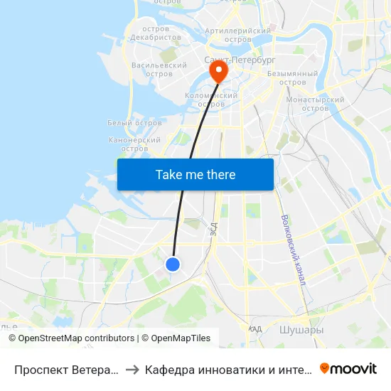Проспект Ветеранов (Prospekt Veteranov) to Кафедра инноватики и интегрированных систем качества (ГУАП) map