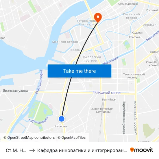 Ст.М. Нарвская to Кафедра инноватики и интегрированных систем качества (ГУАП) map