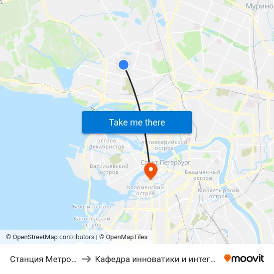 Станция Метро Комендантский Пр. to Кафедра инноватики и интегрированных систем качества (ГУАП) map
