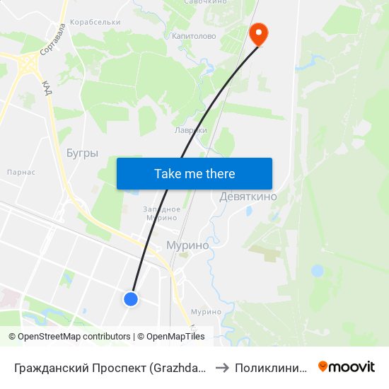 Гражданский Проспект (Grazhdansky Prospekt) to Поликлиника гипх map