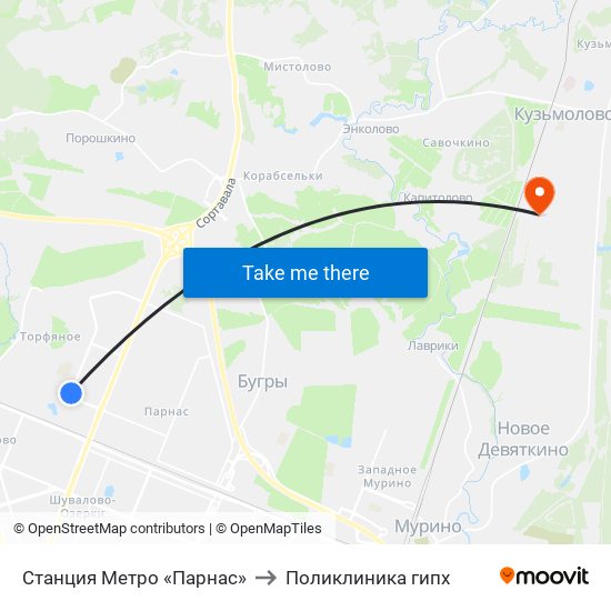 Станция Метро «Парнас» to Поликлиника гипх map