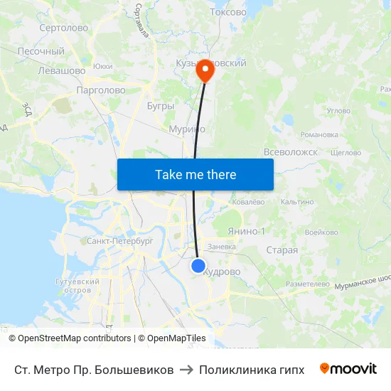 Ст. Метро Пр. Большевиков to Поликлиника гипх map