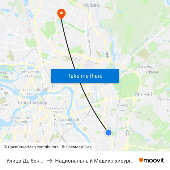 Улица Дыбенко (Ulitsa Dybenko) to Национальный Медико-хирургический Центр Имени Н. И. Пирогова map