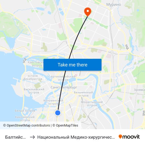 Балтийский Вокзал to Национальный Медико-хирургический Центр Имени Н. И. Пирогова map
