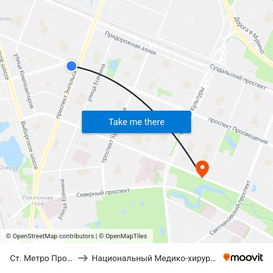 Ст. Метро Проспект Просвещения to Национальный Медико-хирургический Центр Имени Н. И. Пирогова map