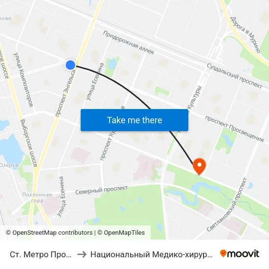 Ст. Метро Проспект Просвещения to Национальный Медико-хирургический Центр Имени Н. И. Пирогова map