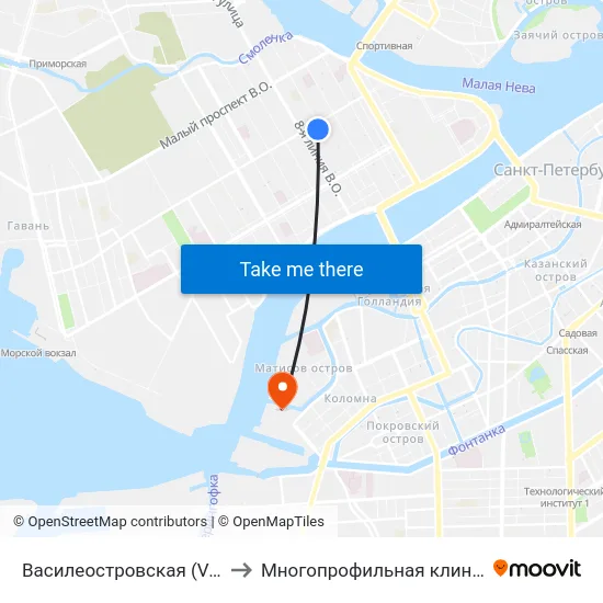 Василеостровская (Vasileostrovskaya) to Многопрофильная клиника Н.М Пирогова map