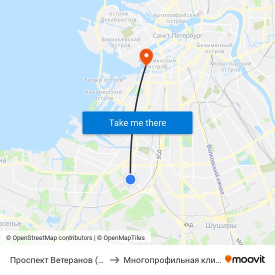 Проспект Ветеранов (Prospekt Veteranov) to Многопрофильная клиника Н.М Пирогова map