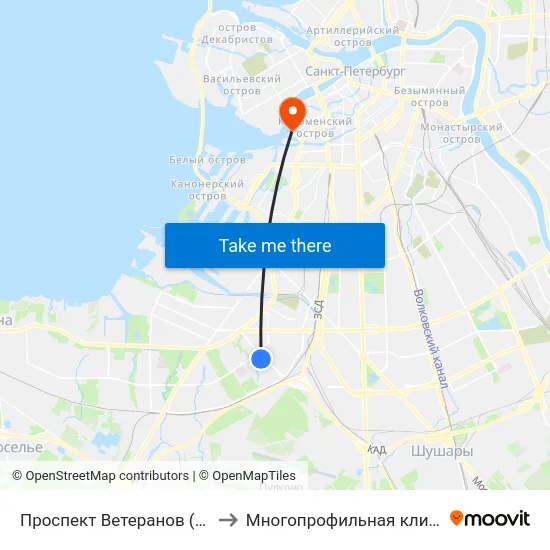 Проспект Ветеранов (Prospekt Veteranov) to Многопрофильная клиника Н.М Пирогова map