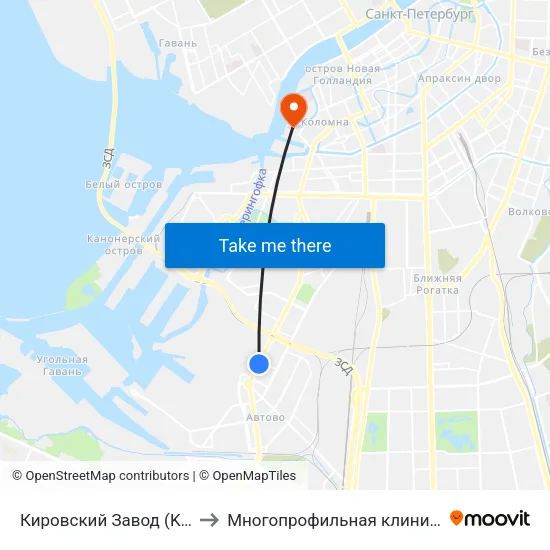 Кировский Завод (Kirovsky Zavod) to Многопрофильная клиника Н.М Пирогова map