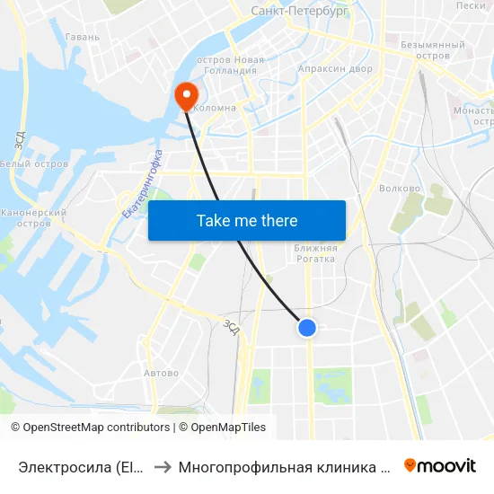 Электросила (Elektrosila) to Многопрофильная клиника Н.М Пирогова map