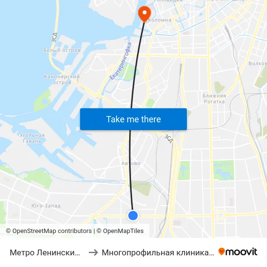 Метро Ленинский Проспект to Многопрофильная клиника Н.М Пирогова map