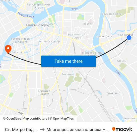 Ст. Метро Ладожская to Многопрофильная клиника Н.М Пирогова map