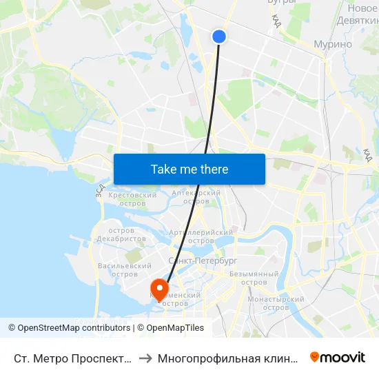 Ст. Метро Проспект Просвещения to Многопрофильная клиника Н.М Пирогова map