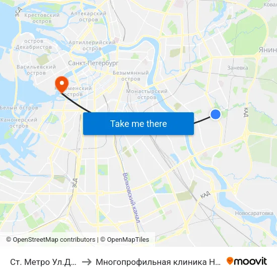 Ст. Метро Ул.Дыбенко to Многопрофильная клиника Н.М Пирогова map