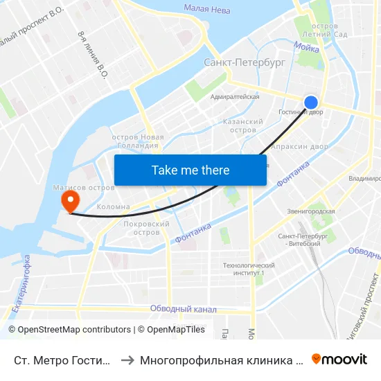 Ст. Метро Гостиный Двор to Многопрофильная клиника Н.М Пирогова map