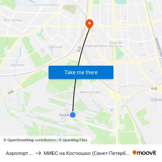 Аэропорт Пулково 1 to МИБС на Костюшко (Санкт-Петербург), центр МРТ-диагностики map