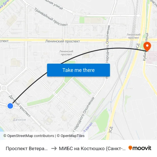 Проспект Ветеранов (Prospekt Veteranov) to МИБС на Костюшко (Санкт-Петербург), центр МРТ-диагностики map