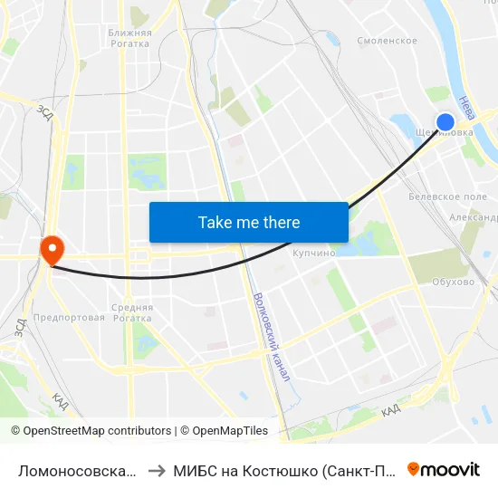 Ломоносовская (Lomonosovskaya) to МИБС на Костюшко (Санкт-Петербург), центр МРТ-диагностики map