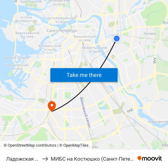 Ладожская (Ladozhskaya) to МИБС на Костюшко (Санкт-Петербург), центр МРТ-диагностики map