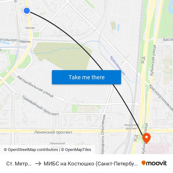Ст. Метро Автово to МИБС на Костюшко (Санкт-Петербург), центр МРТ-диагностики map