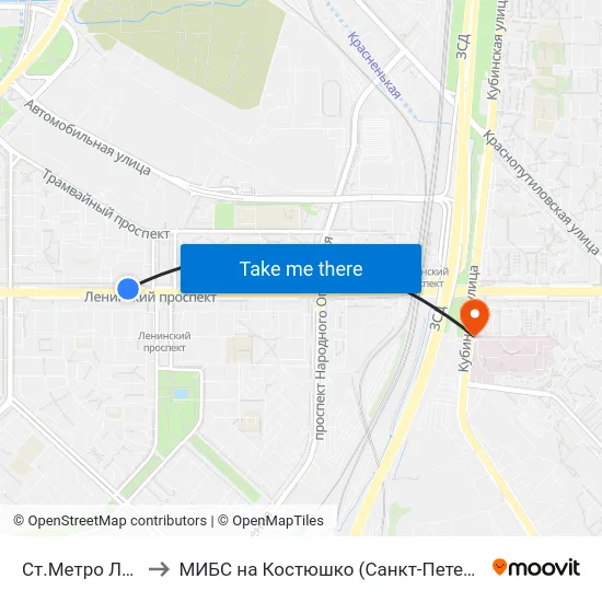 Ст.Метро Ленинский Пр. to МИБС на Костюшко (Санкт-Петербург), центр МРТ-диагностики map