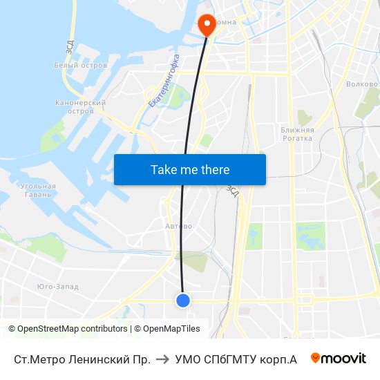 Ст.Метро Ленинский Пр. to УМО СПбГМТУ корп.А map