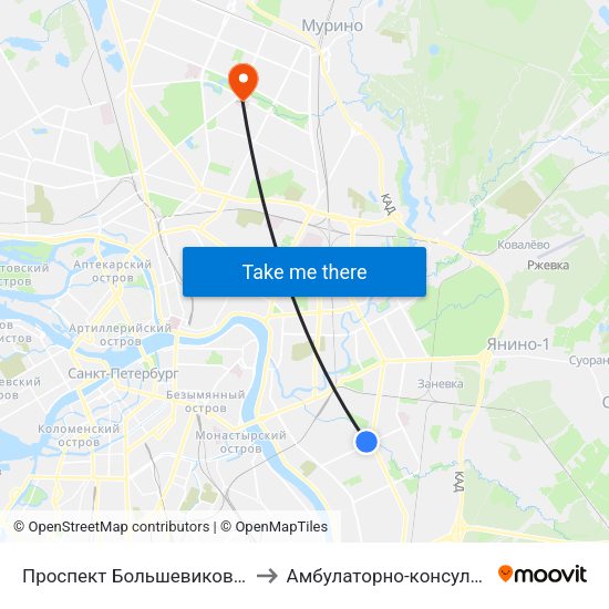 Проспект Большевиков (Prospekt Bol'Shevikov) to Амбулаторно-консультативное отделение map