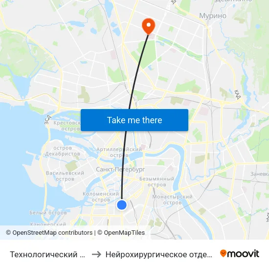 Технологический Институт - 1 (Tekhnologicheskiy Institut - 1) to Нейрохирургическое отделение. Ленинградской областной клинической больницы map