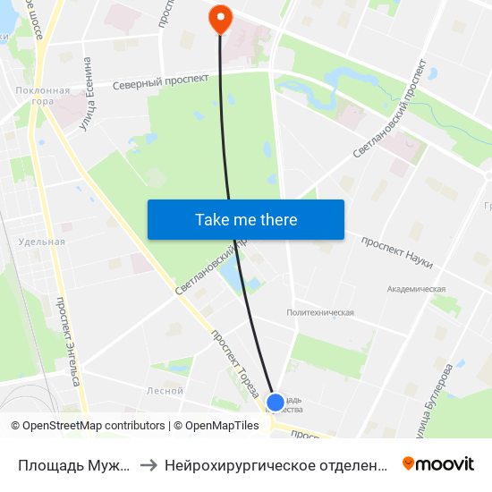 Площадь Мужества (Ploschad' Muzhestva) to Нейрохирургическое отделение. Ленинградской областной клинической больницы map