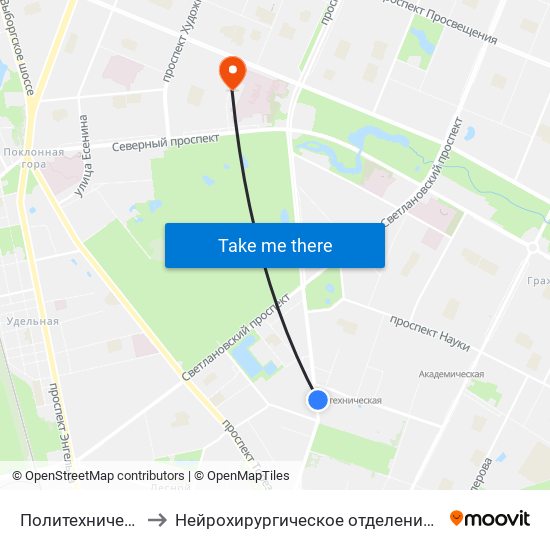 Политехническая (Politekhnicheskaya) to Нейрохирургическое отделение. Ленинградской областной клинической больницы map