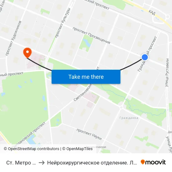 Ст. Метро Гражданский Пр. to Нейрохирургическое отделение. Ленинградской областной клинической больницы map