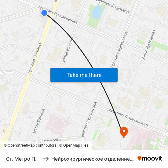 Ст. Метро Проспект Просвещения to Нейрохирургическое отделение. Ленинградской областной клинической больницы map