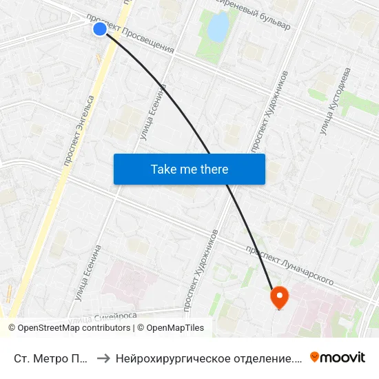 Ст. Метро Проспект Просвещения to Нейрохирургическое отделение. Ленинградской областной клинической больницы map