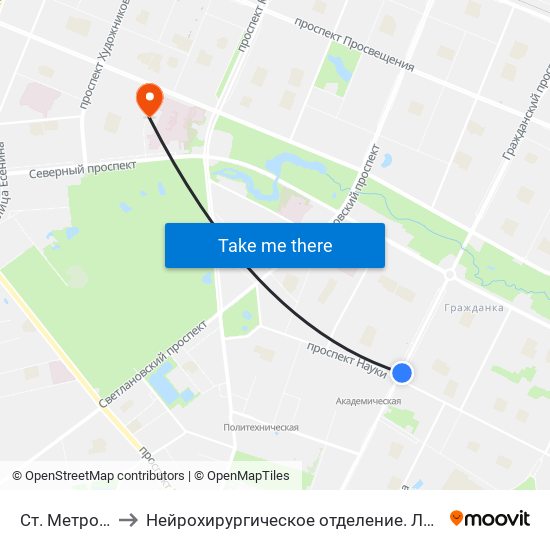 Ст. Метро Академическая to Нейрохирургическое отделение. Ленинградской областной клинической больницы map