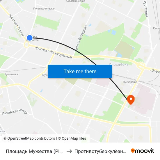 Площадь Мужества (Ploschad' Muzhestva) to Противотуберкулёзный диспансер №5 map