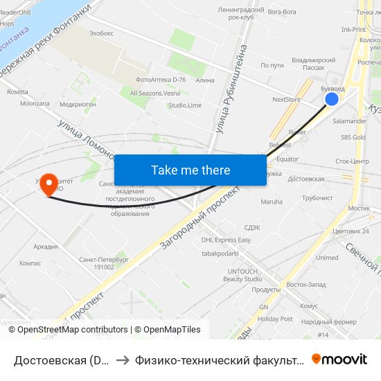 Достоевская (Dostoyevskaya) to Физико-технический факультет Университета ИТМО map