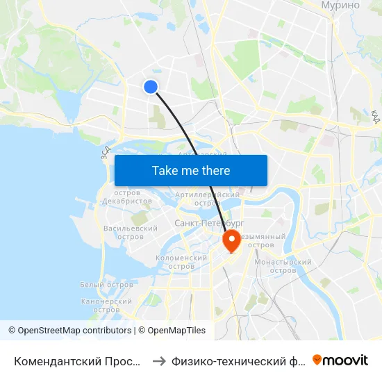 Комендантский Проспект (Komendantskiy Prospekt) to Физико-технический факультет Университета ИТМО map