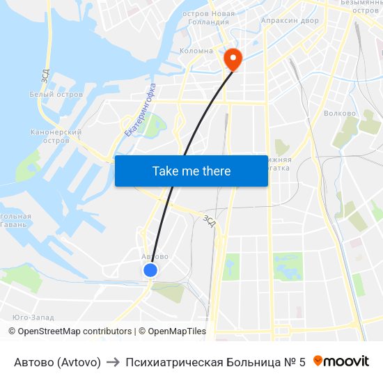 Автово (Avtovo) to Психиатрическая Больница № 5 map