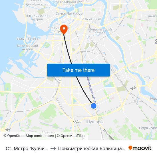 Ст. Метро "Купчино" to Психиатрическая Больница № 5 map