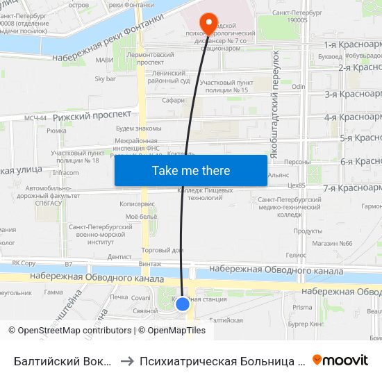 Балтийский Вокзал to Психиатрическая Больница № 5 map