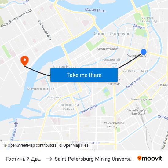 Гостиный Двор (Gostiny Dvor) to Saint-Petersburg Mining University (СПГУ (Горный университет)) map