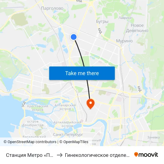 Станция Метро «Проспект Просвещения» to Гинекологическое отделение больницы им. Святого Луки map