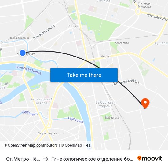 Ст.Метро Чёрная Речка to Гинекологическое отделение больницы им. Святого Луки map