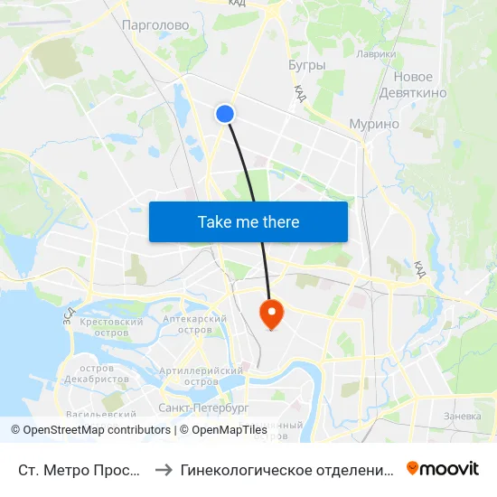Ст. Метро Проспект Просвещения to Гинекологическое отделение больницы им. Святого Луки map