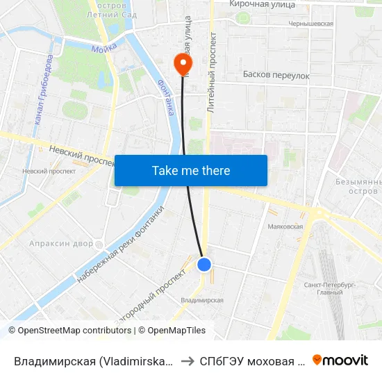 Владимирская (Vladimirskaya) to СПбГЭУ моховая 40 map