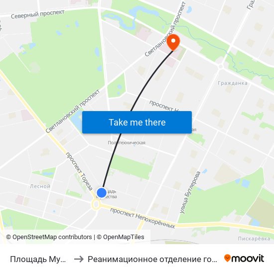 Площадь Мужества (Ploschad' Muzhestva) to Реанимационное отделение городской больницы Святой преподобномученицы Елизаветы map