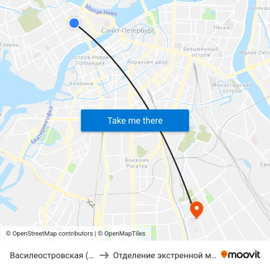 Василеостровская (Vasileostrovskaya) to Отделение экстренной медицинской помощи map